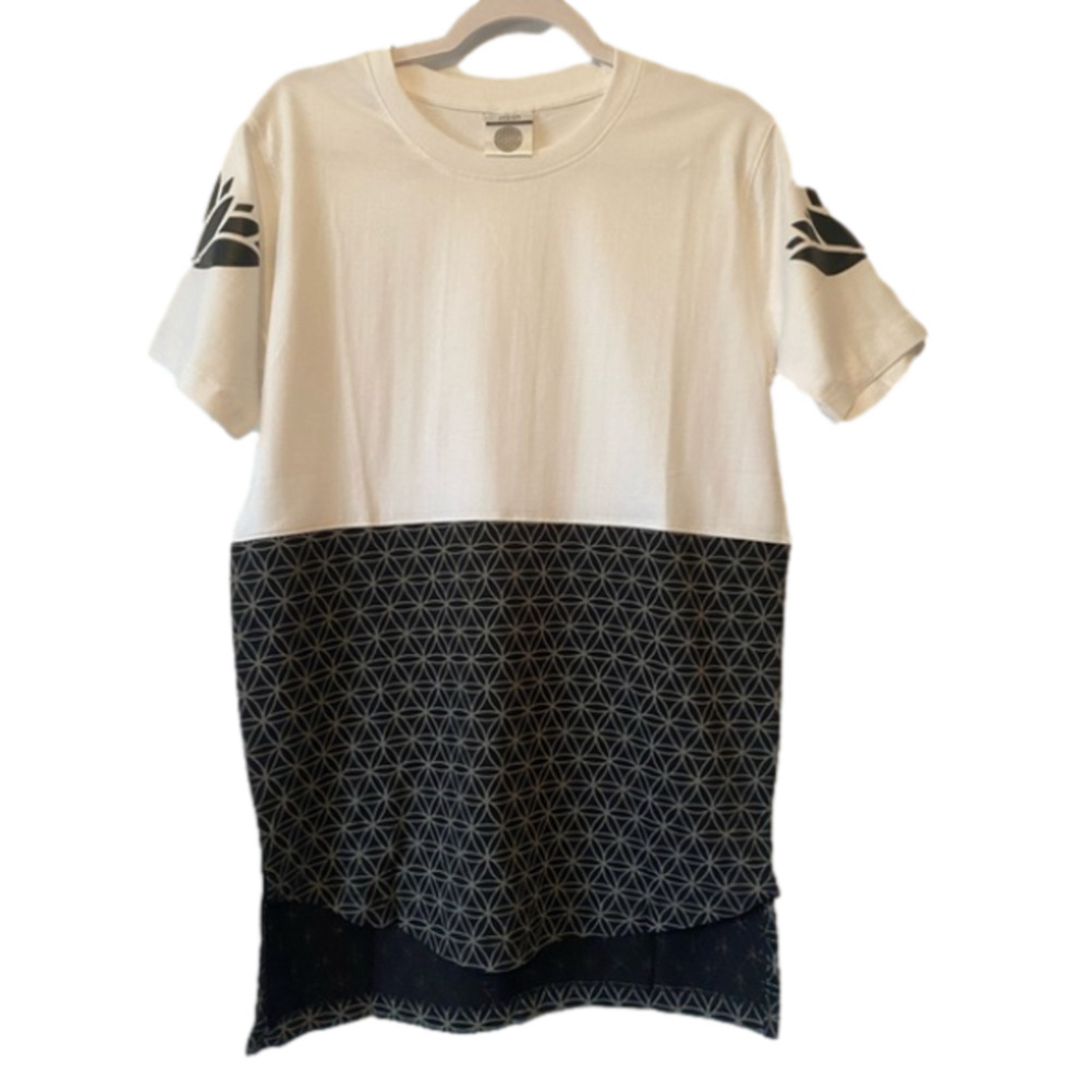 Women's M Black Gray White Cotton Tee Shirt Lotus Colorblock Athleisure Basic‎